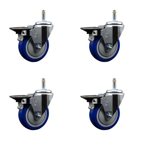 Service Caster 4'' Blue Poly Swivel 7/16'' Grip Ring Stem Caster Set with Brake, 4PK SCC-GR20S414-PPUB-BLUE-PLB-716138-4